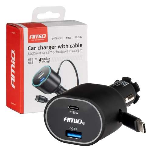 Szybka ładowarka samochodowa ze zwijanym kablem 50W PD30W PD20W + QC3.0 USB-A USB-C AMIO-04176 Szybka ładowarka samochodowa ze zwijanym kablem 50W PD30W PD20W + QC3.0 USB-A USB-C AMIO-04176